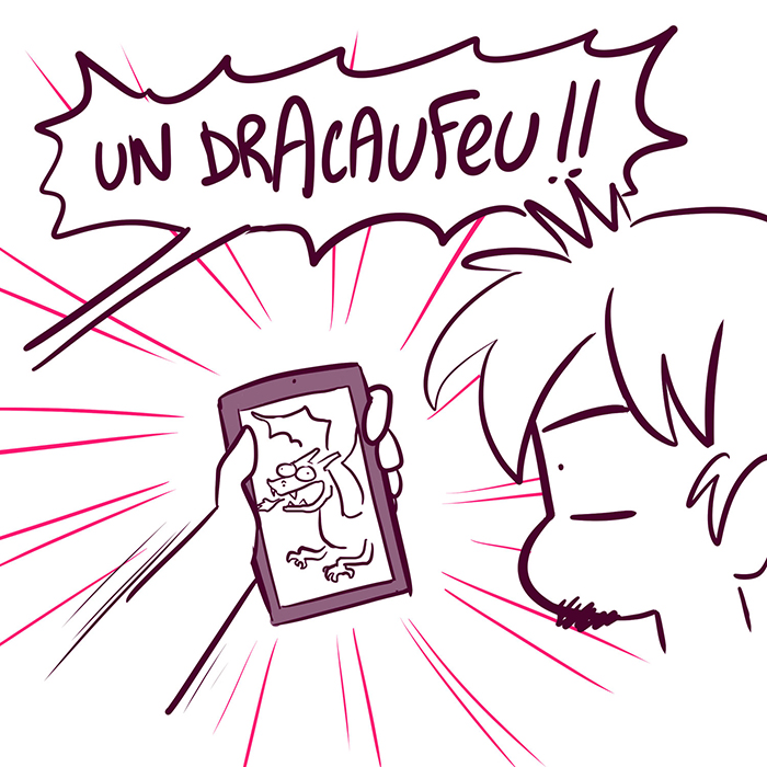 "UN DRACAUFEU !!" La main de Yatuu brandi son téléphone affichant fièrement à la tête de Brice médusé un pokemon dracaufeu.