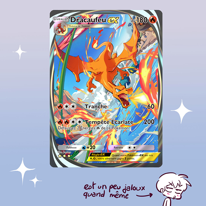 La carte rare pokémon dracaufeu et un brice en shibi jaloux accompagné d'une flèche avec description : " est un peu jaloux quand même" 