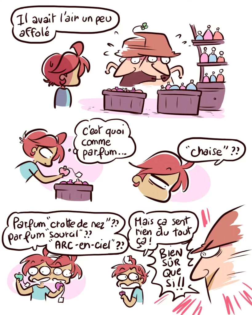 Yatuu voit que les parfums de maître Sinus on des odeurs bizarre. Chaise, sourcil, crotte de nez et arc-en-ciel. Yatuu dit que ça sent rien.