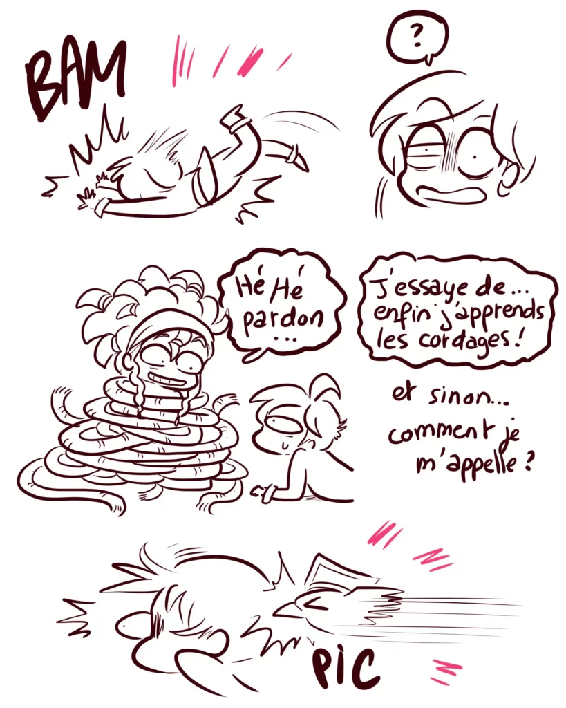 Yatuu tombe en se prenant les pieds dans des cordage, une dernière pirate demande comment elle s'appelle.